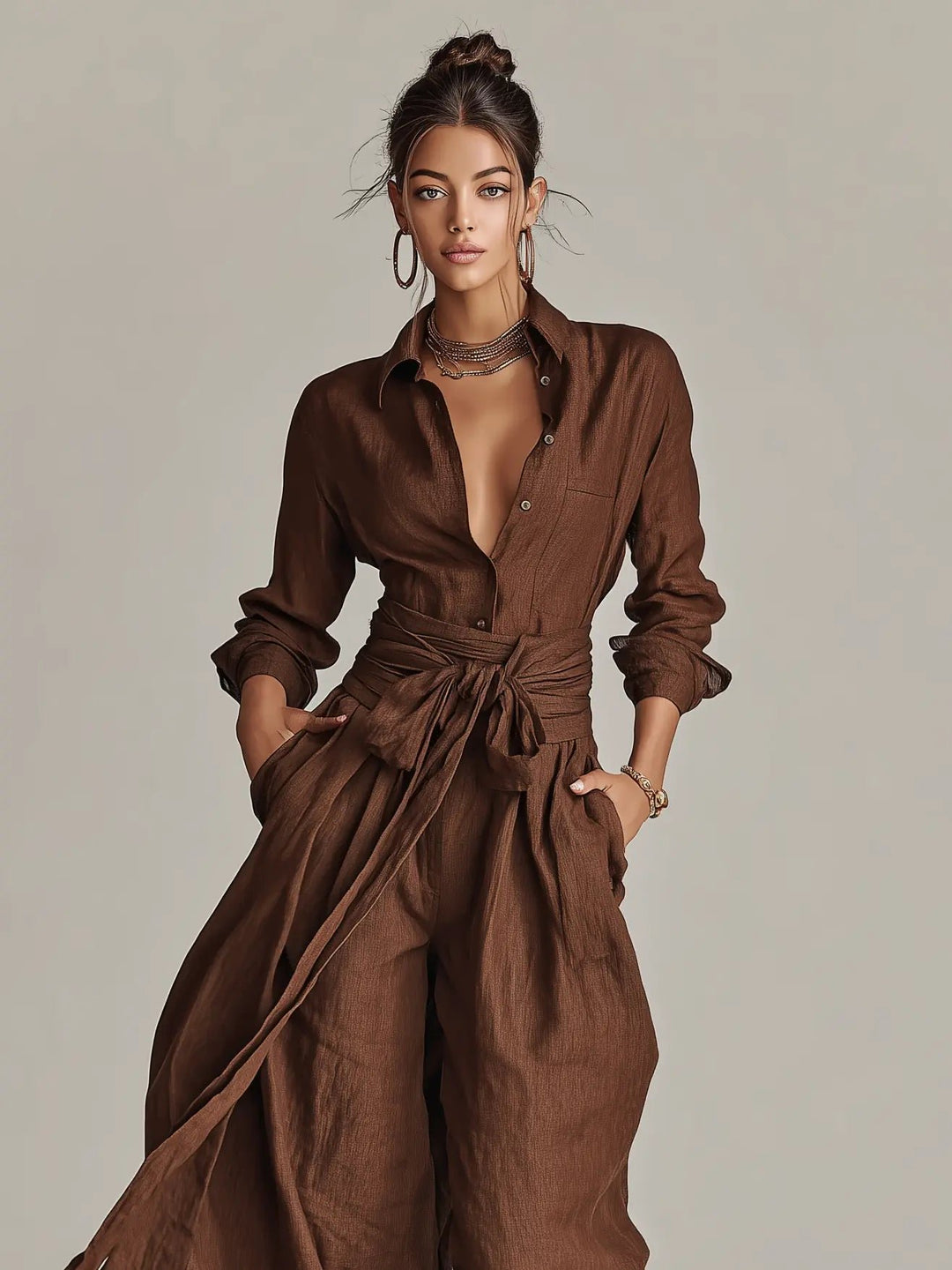 Damen Linen Langarm Hemdkragen Gürtel Jumpsuit