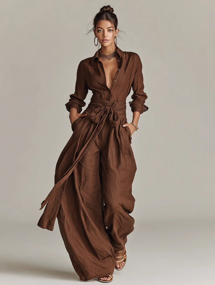Damen Linen Langarm Hemdkragen Gürtel Jumpsuit