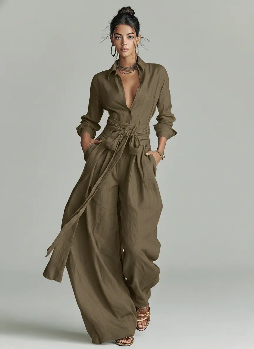 Damen Linen Langarm Hemdkragen Gürtel Jumpsuit - Cold Brown