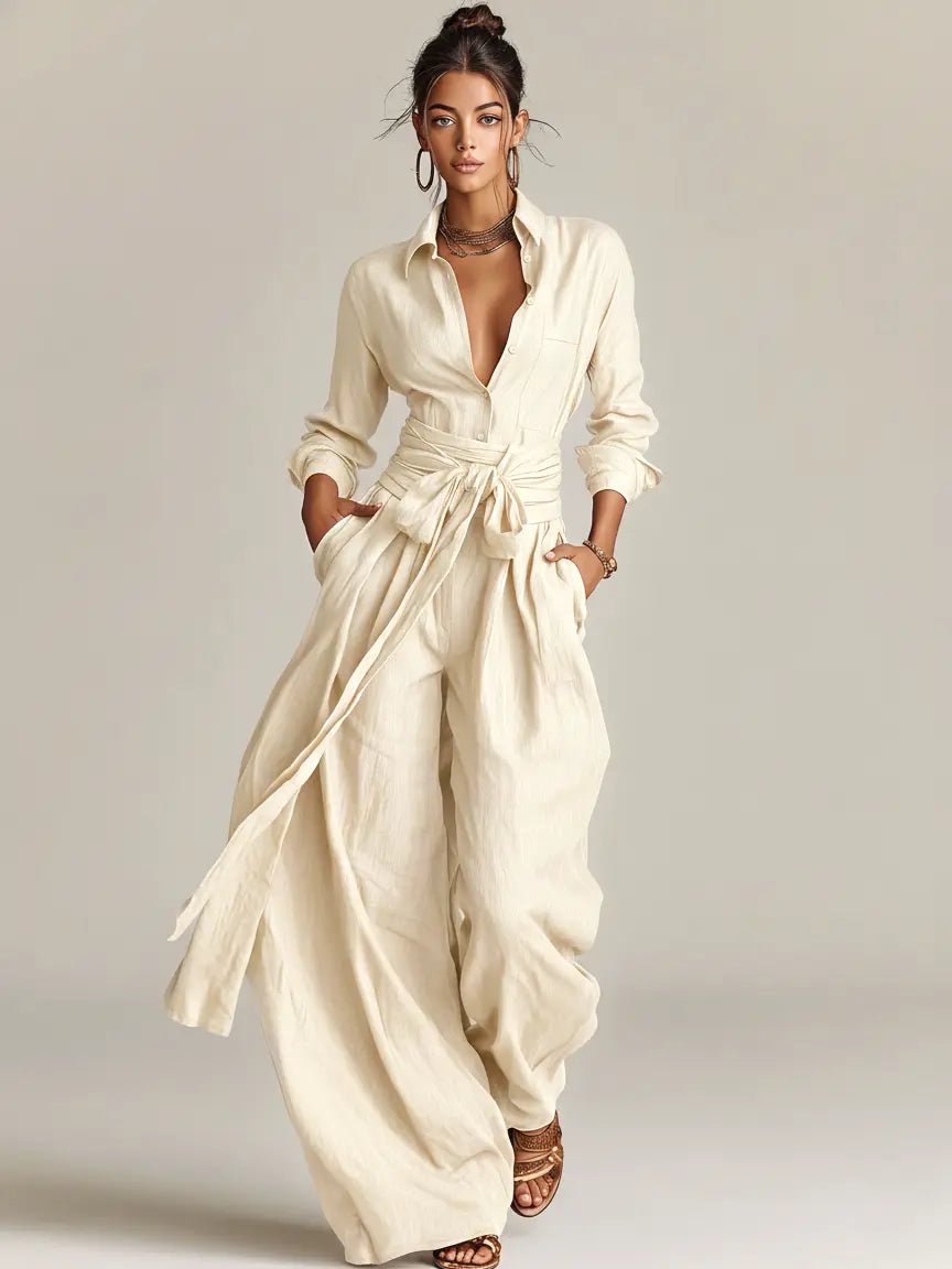 Damen Linen Langarm Hemdkragen Gürtel Jumpsuit - White