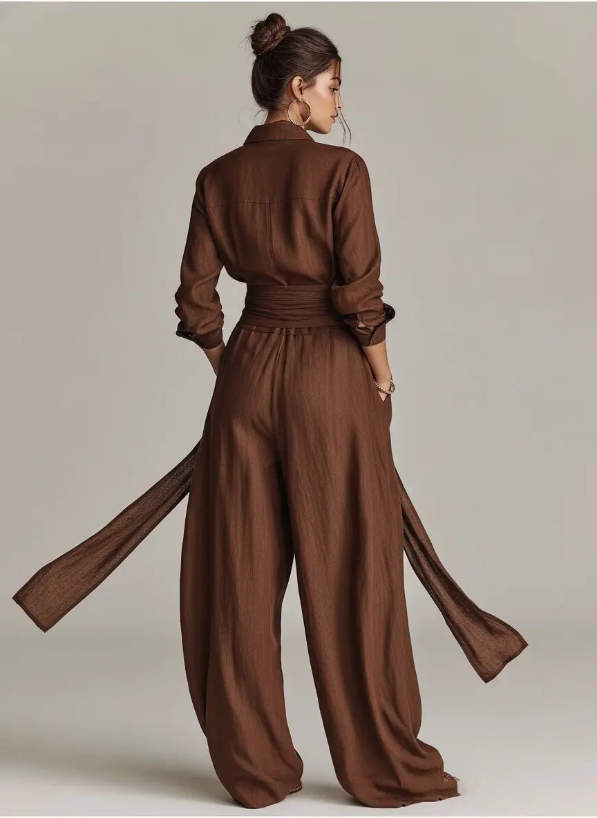 Damen Linen Langarm Hemdkragen Gürtel Jumpsuit