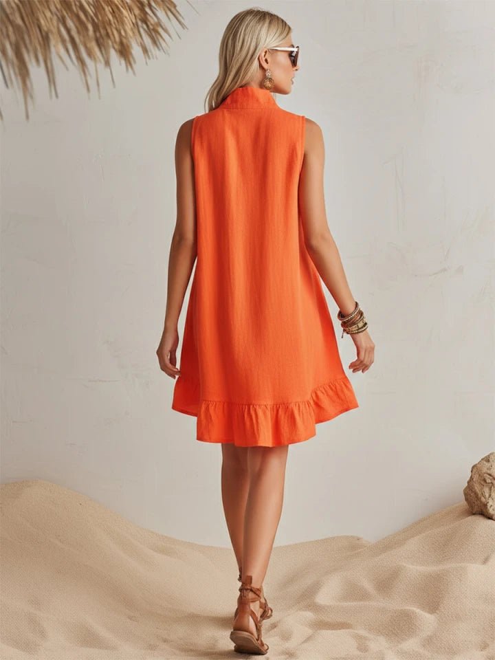 Damen Linen Stehkragen Reißverschluss Rüschen Mini Kleid