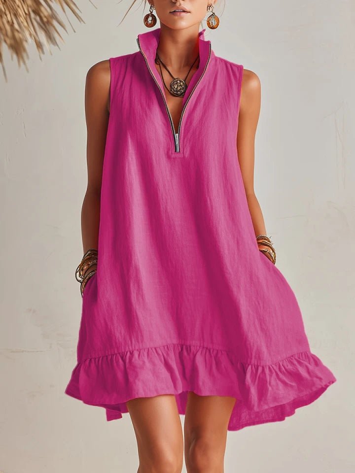 Damen Linen Stehkragen Reißverschluss Rüschen Mini Kleid - Magenta