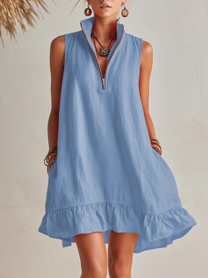 Damen Linen Stehkragen Reißverschluss Rüschen Mini Kleid - Blue