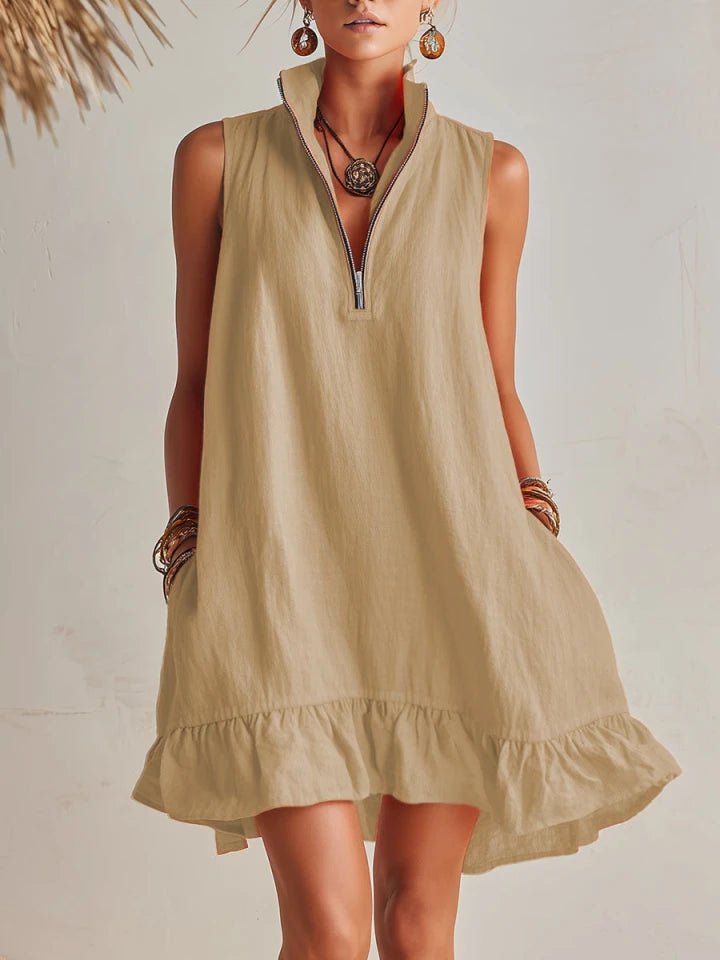 Damen Linen Stehkragen Reißverschluss Rüschen Mini Kleid - Light Khaki