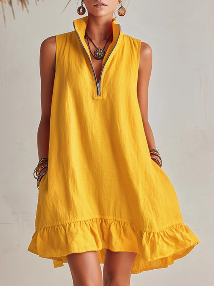 Damen Linen Stehkragen Reißverschluss Rüschen Mini Kleid - Yellow