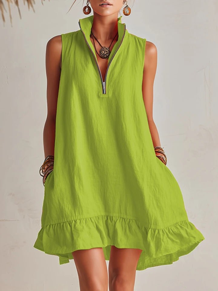 Damen Linen Stehkragen Reißverschluss Rüschen Mini Kleid - Green