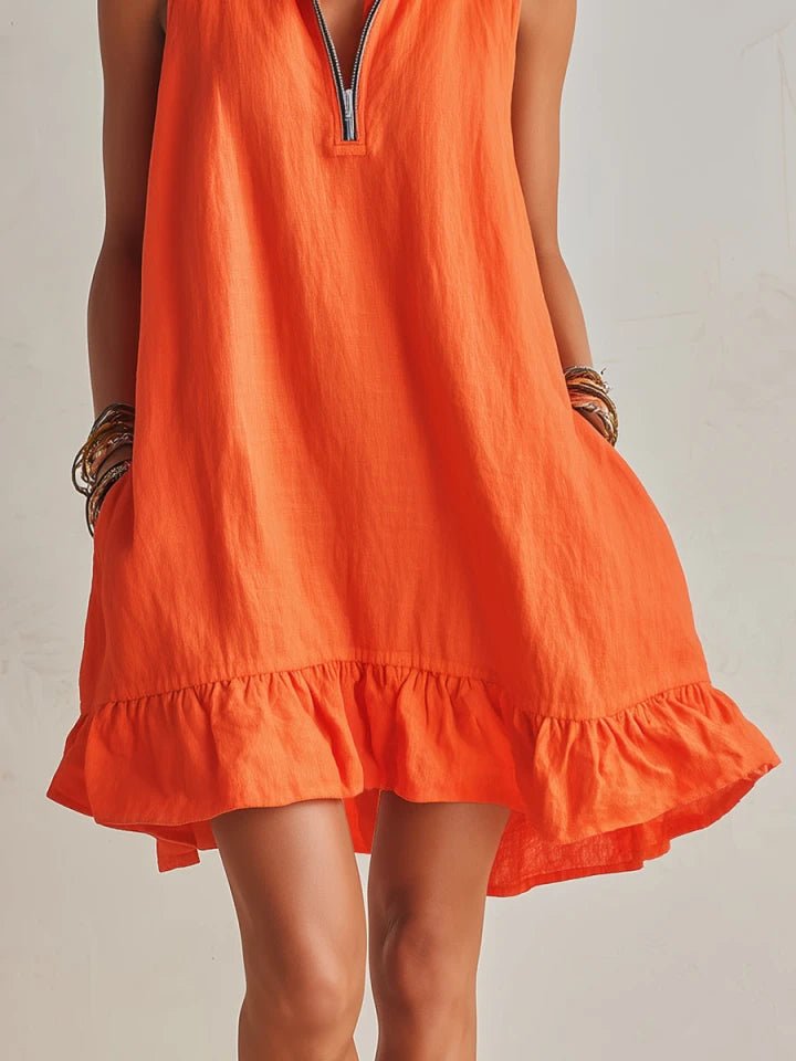 Damen Linen Stehkragen Reißverschluss Rüschen Mini Kleid