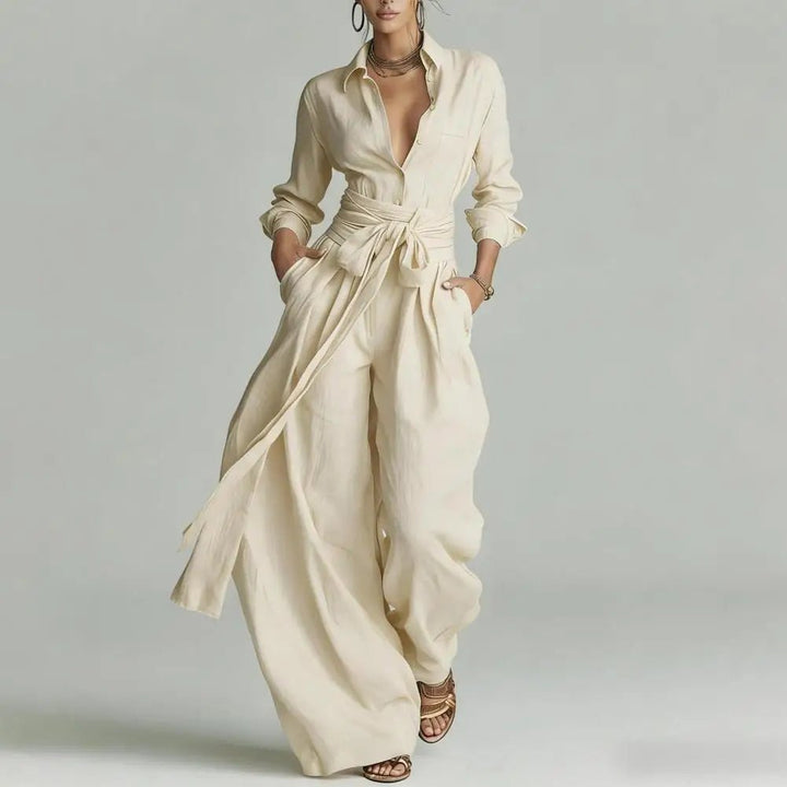 Damen Linen Weite High-Waist Co-Ord Set mit Hemdbluse - Apricot