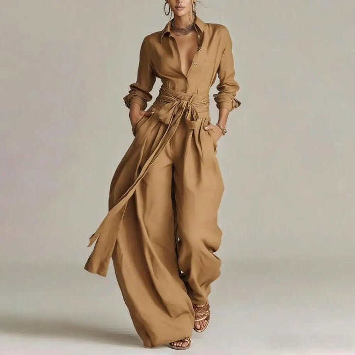 Damen Linen Weite High-Waist Co-Ord Set mit Hemdbluse - Khaki