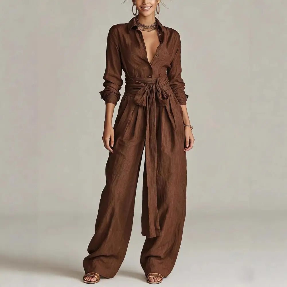 Damen Linen Weite High-Waist Co-Ord Set mit Hemdbluse - Coffee