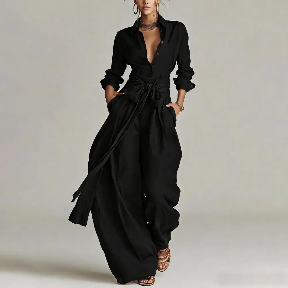 Damen Linen Weite High-Waist Co-Ord Set mit Hemdbluse - Black