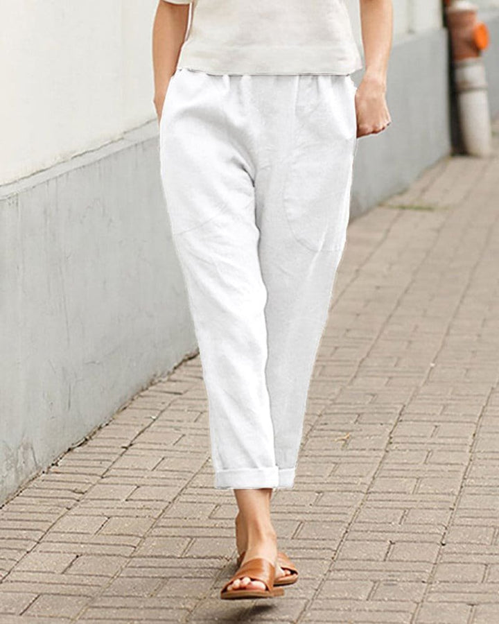 Damen Linnen-Baumwoll Relaxed-Fit Harem Hose - White