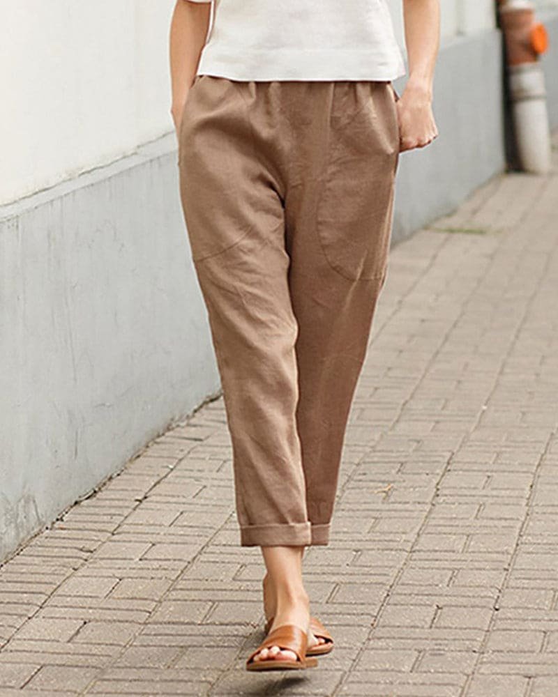 Damen Linnen-Baumwoll Relaxed-Fit Harem Hose - Khaki