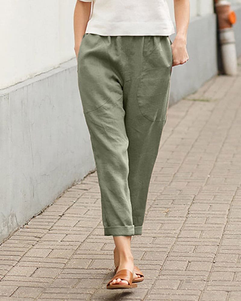 Damen Linnen-Baumwoll Relaxed-Fit Harem Hose - Green