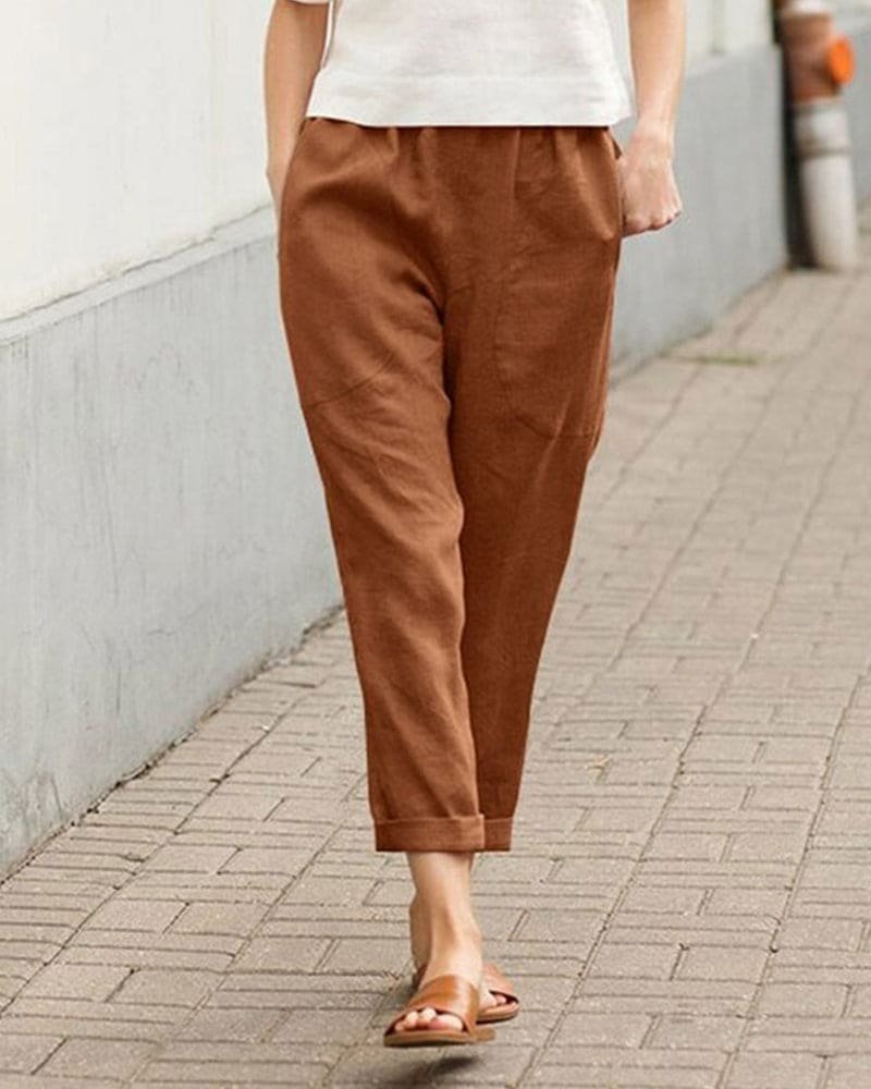 Damen Linnen-Baumwoll Relaxed-Fit Harem Hose - Brown