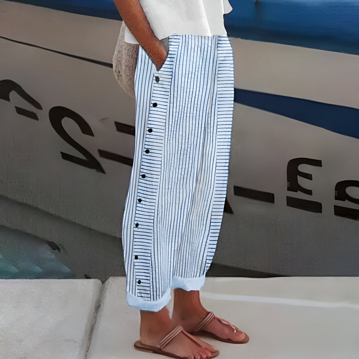 Damen Linnen Gestreifte Relaxed-Fit Seitentaschen Hose - Blue