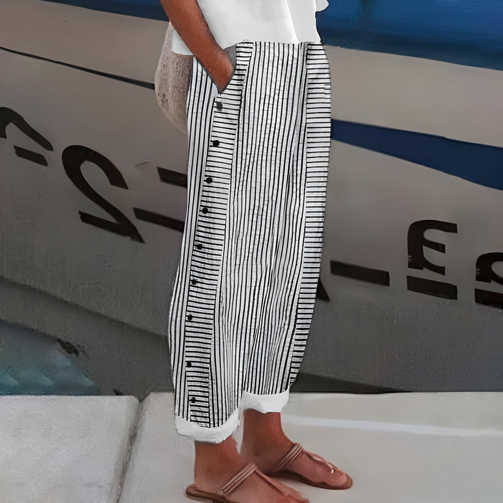 Damen Linnen Gestreifte Relaxed-Fit Seitentaschen Hose - Black