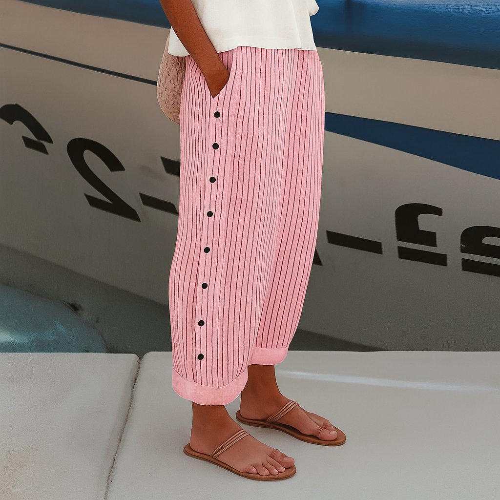 Damen Linnen Gestreifte Relaxed-Fit Seitentaschen Hose - Pink