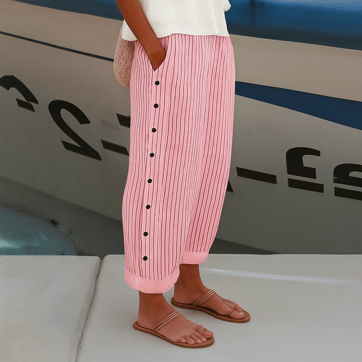 Damen Linnen Gestreifte Relaxed-Fit Seitentaschen Hose - Pink