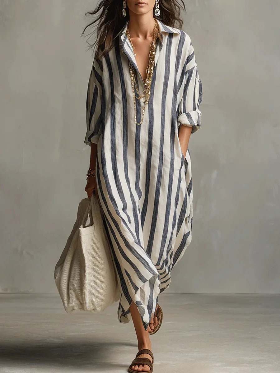 Damen Linnen Gestreiftes Oversized Hemdkleid Maxi - Blue