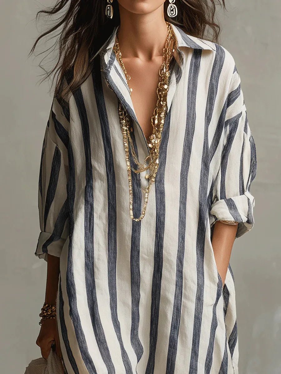 Damen Linnen Gestreiftes Oversized Hemdkleid Maxi