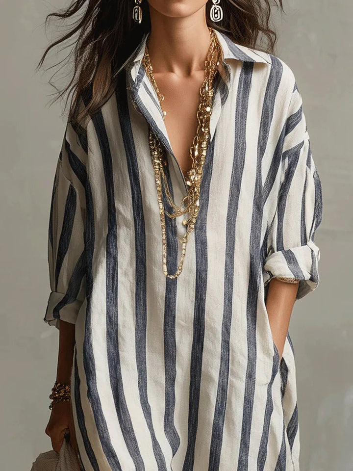 Damen Linnen Gestreiftes Oversized Hemdkleid Maxi