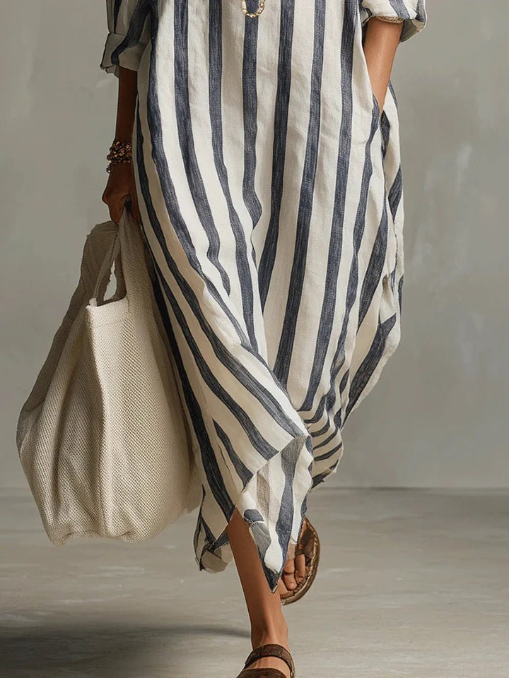 Damen Linnen Gestreiftes Oversized Hemdkleid Maxi