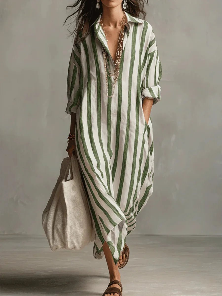 Damen Linnen Gestreiftes Oversized Hemdkleid Maxi - Green