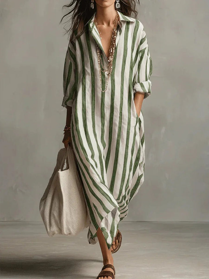 Damen Linnen Gestreiftes Oversized Hemdkleid Maxi - Green
