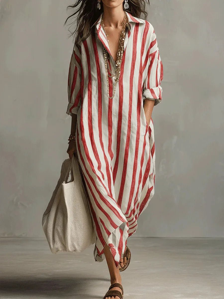 Damen Linnen Gestreiftes Oversized Hemdkleid Maxi - Red