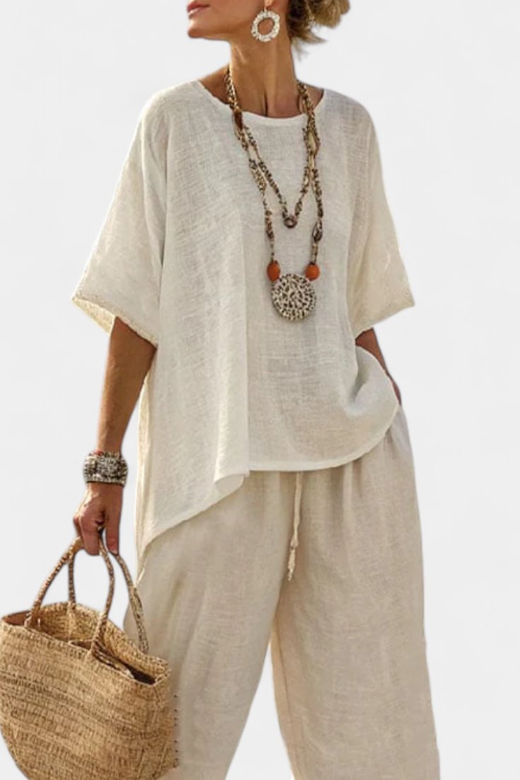 Lena Asymmetrical Linen Top and Wide-Leg Trousers