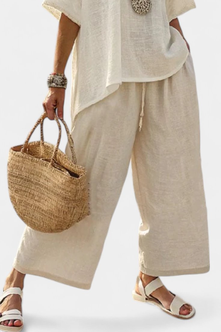 Damen Linnen Zweiteiler Asymmetrisches Oberteil Weite Hose