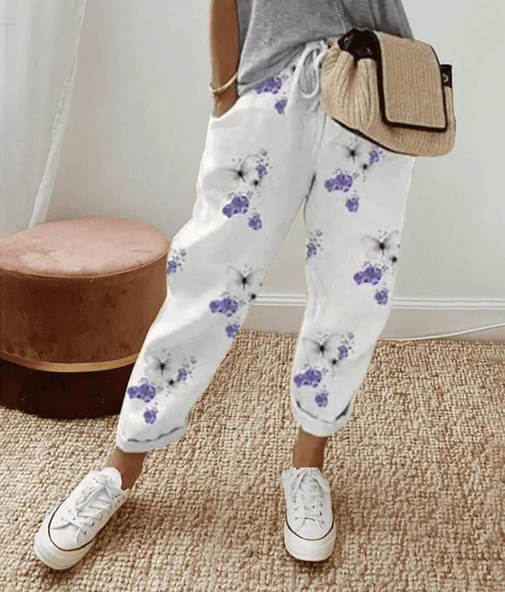 Damen Lockere Bindeband-Sommerhose mit Abstraktem Druck - Blumenmuster