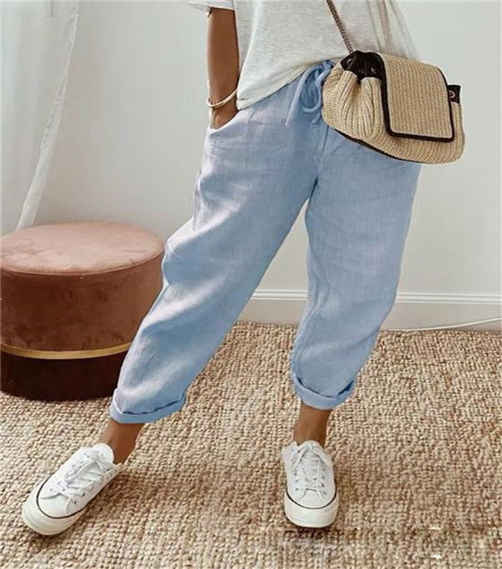 Damen Lockere Bindeband-Sommerhose mit Abstraktem Druck - Hellblau