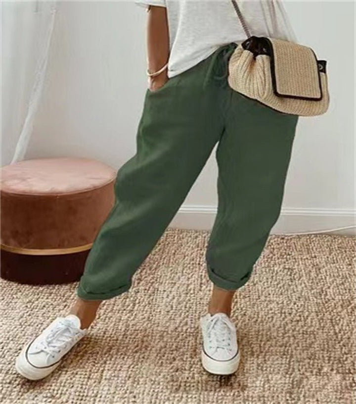 Damen Lockere Bindeband-Sommerhose mit Abstraktem Druck - Dunkelgrün