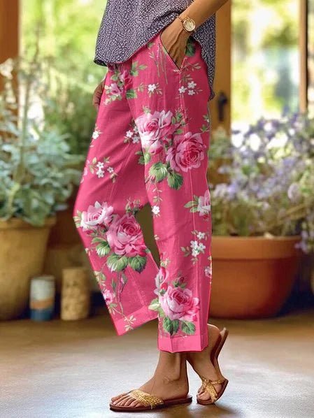 Damen Lockere Blumen-Freizeithose mit Mittlerer Taille und Taschen - Rose Pink