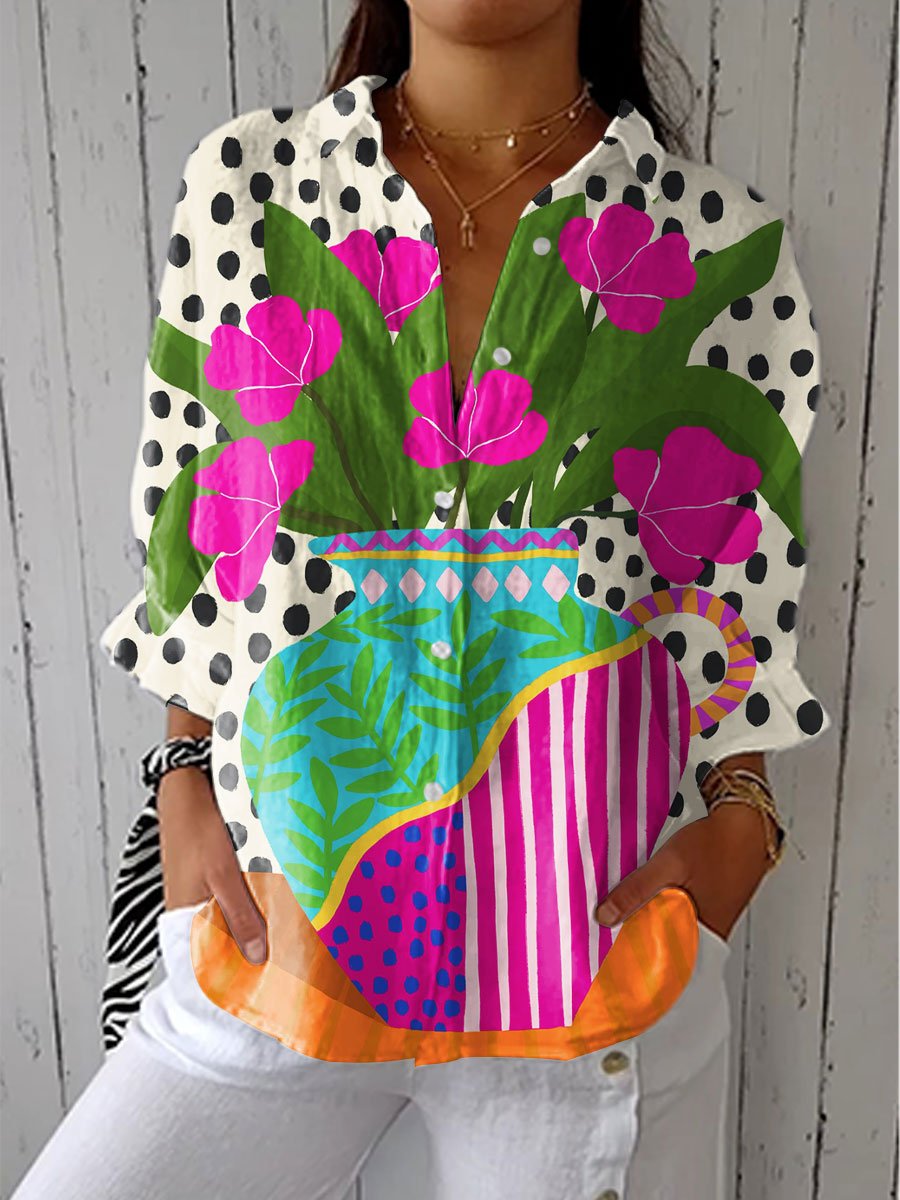 Damen Lockere Blumen Vase Print Knopfleiste Bluse - Multicolor