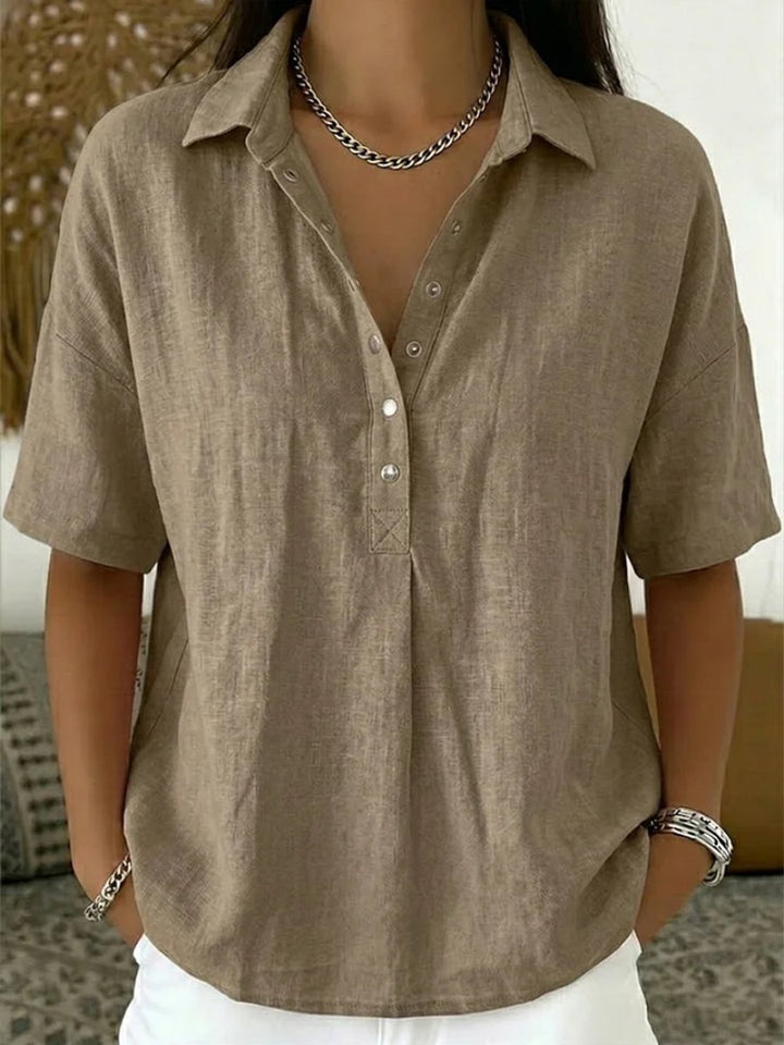 Damen Lockere Kurzarm-Bluse mit Polokragen und Knopfleiste - Khaki