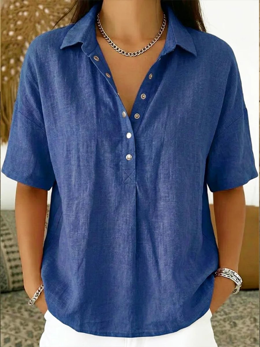 Damen Lockere Kurzarm-Bluse mit Polokragen und Knopfleiste - Blau