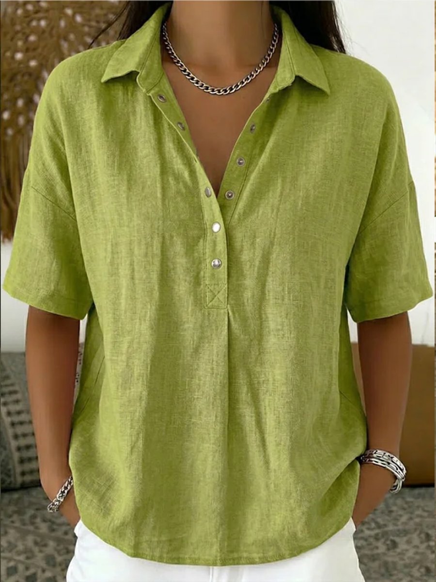 Damen Lockere Kurzarm-Bluse mit Polokragen und Knopfleiste - Grün