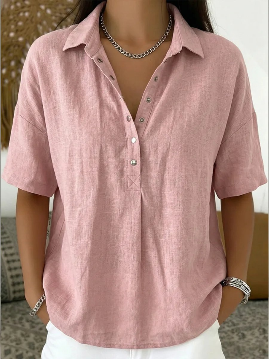 Damen Lockere Kurzarm-Bluse mit Polokragen und Knopfleiste - Rosa