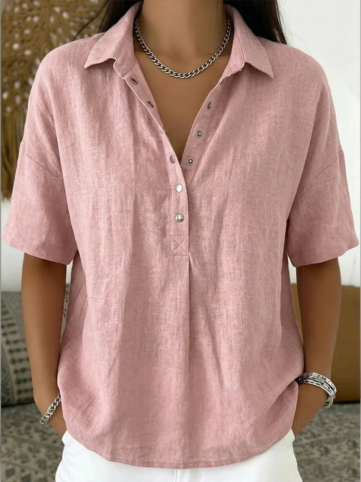 Damen Lockere Kurzarm-Bluse mit Polokragen und Knopfleiste - Rosa