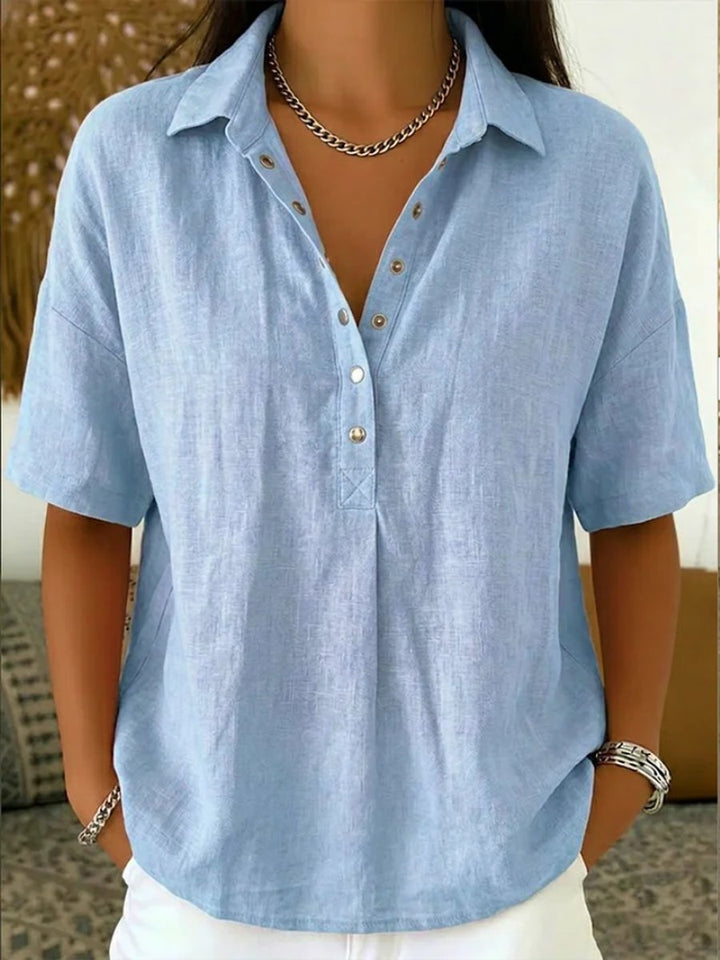 Damen Lockere Kurzarm-Bluse mit Polokragen und Knopfleiste - Hellblau
