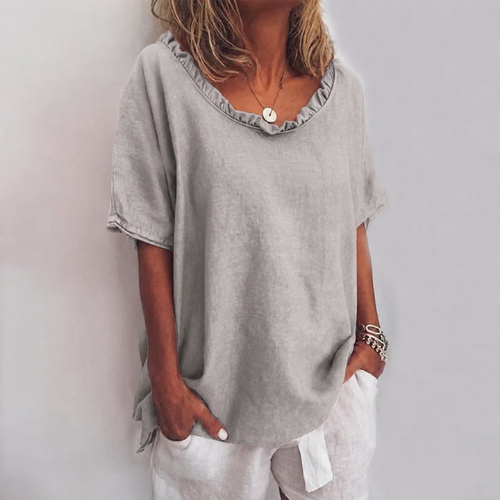 Damen Lockere Kurzarm-Bluse mit Rüschenkragen Leinenoptik - Gray