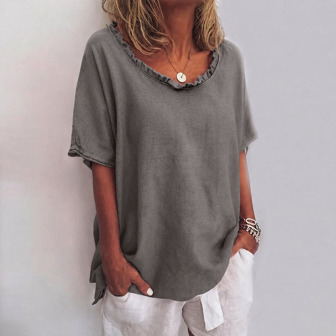 Damen Lockere Kurzarm-Bluse mit Rüschenkragen Leinenoptik - Dark Gray