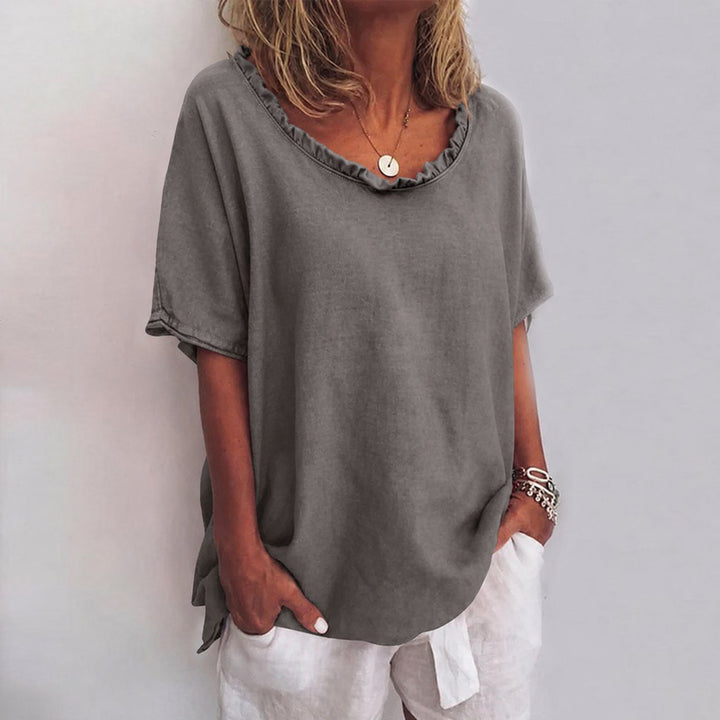 Damen Lockere Kurzarm-Bluse mit Rüschenkragen Leinenoptik - Dark Gray