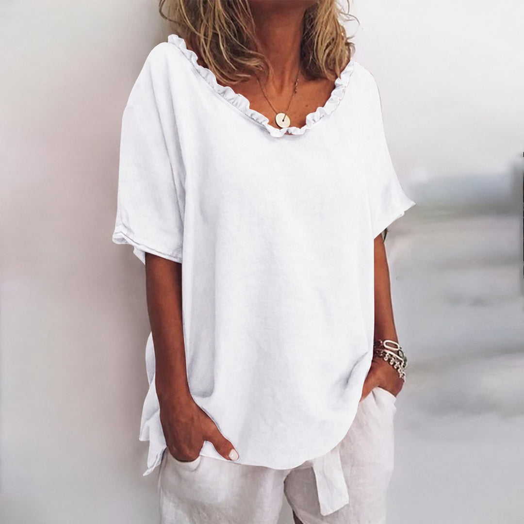 Damen Lockere Kurzarm-Bluse mit Rüschenkragen Leinenoptik - White