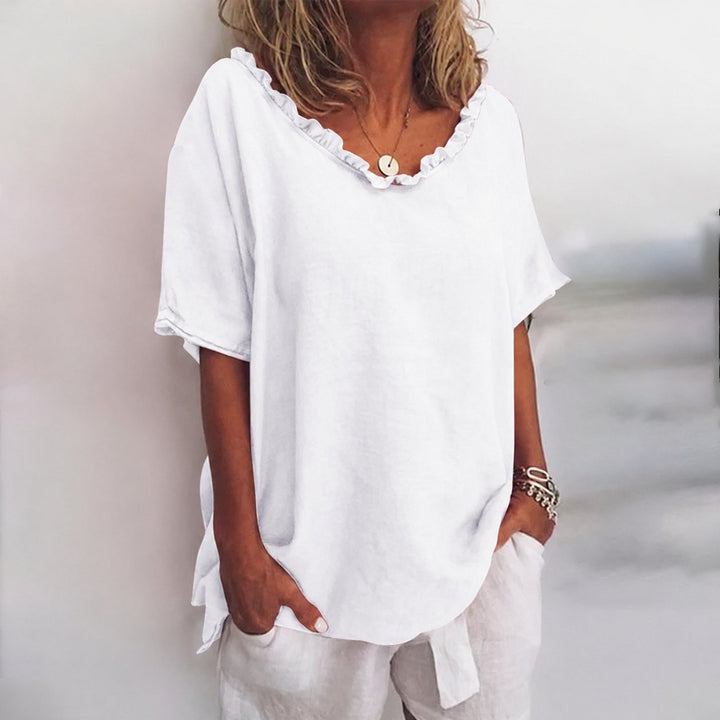 Damen Lockere Kurzarm-Bluse mit Rüschenkragen Leinenoptik - White