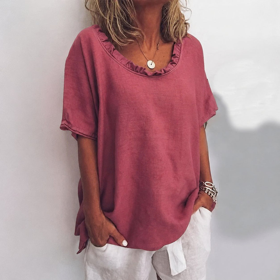 Damen Lockere Kurzarm-Bluse mit Rüschenkragen Leinenoptik - Dark Pink